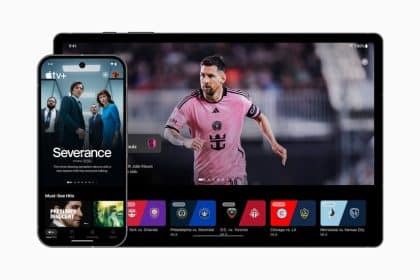 Apple TV app on a smartphone and tablet, showcasing Apple TV+ content and live sports streaming.