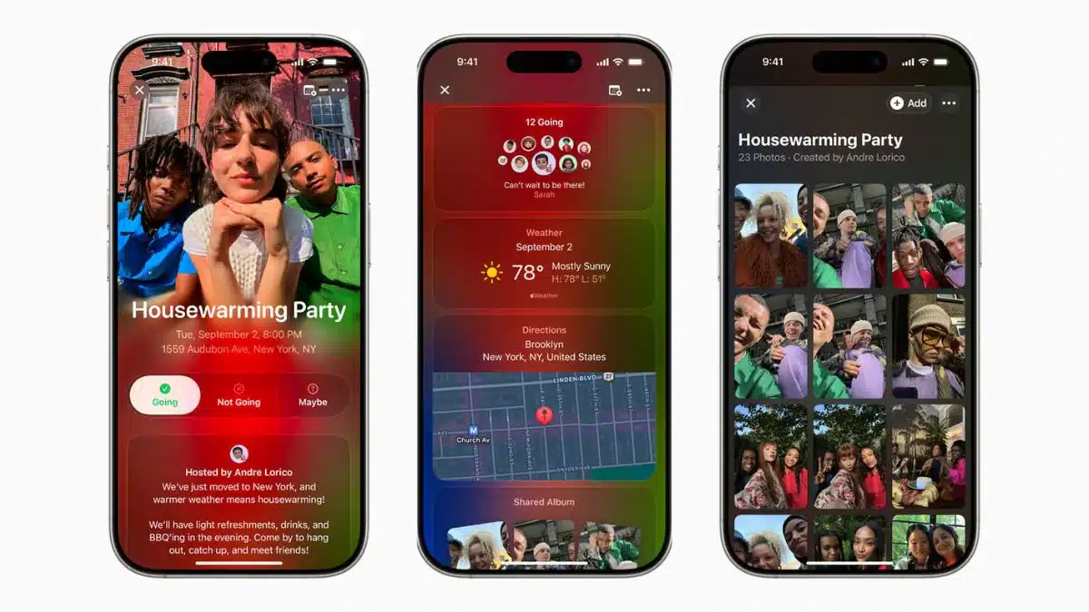 Apple Invites app showing event details and RSVPs.