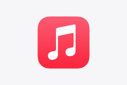 Apple Music logo with a red background and white music note.