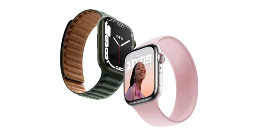 Two Apple Watches with stylish bands, displaying the time and interface.