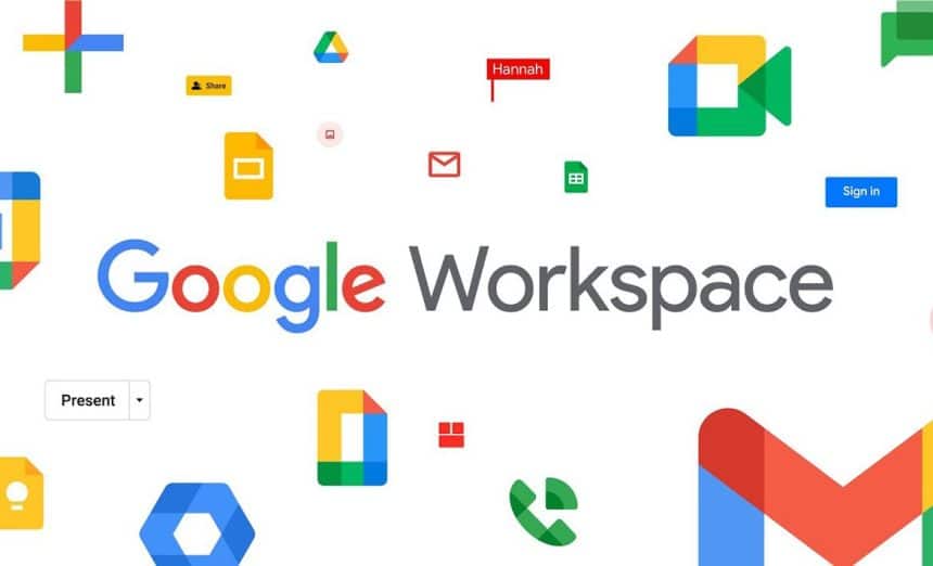 Google Workspace logo with icons of its productivity apps.