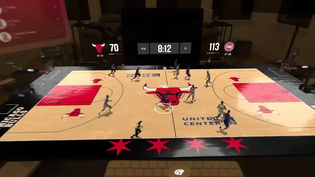 Apple Vision Pro displaying an NBA game in 3D tabletop mode with real-time player movements.