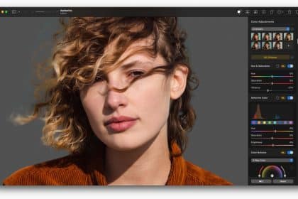 Pixelmator Pro interface with an edited portrait and color adjustment tools.