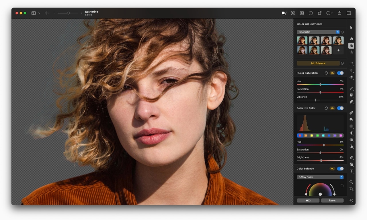 Pixelmator Pro interface with an edited portrait and color adjustment tools.