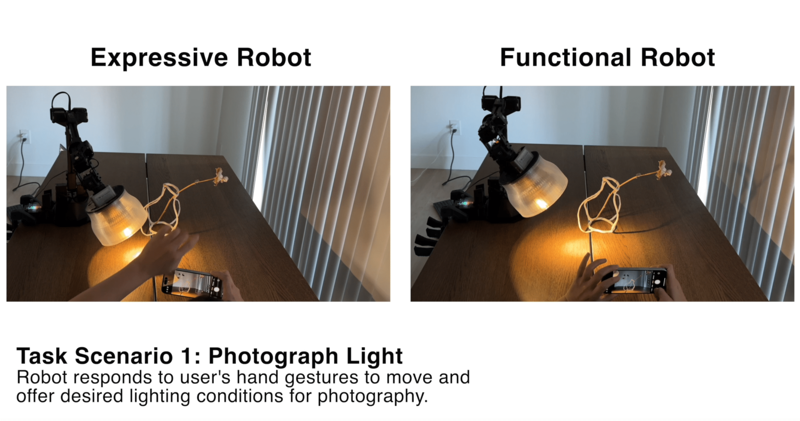 Expressive vs. Functional Robot: AI-powered lamp adjusts lighting for photography based on user gestures.