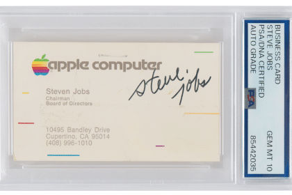 Steve Jobs-signed Apple business card in a protective case.