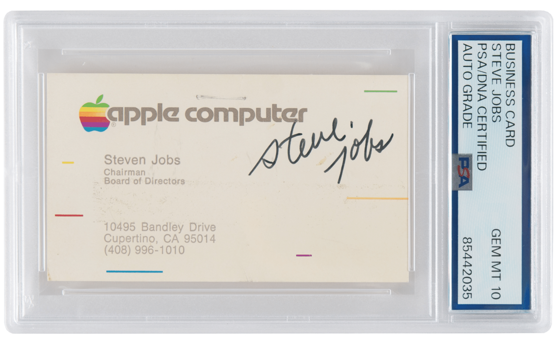 Steve Jobs-signed Apple business card in a protective case.