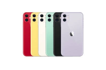 Apple iPhone 11 lineup in various colors, showcasing its design and dual-camera setup.