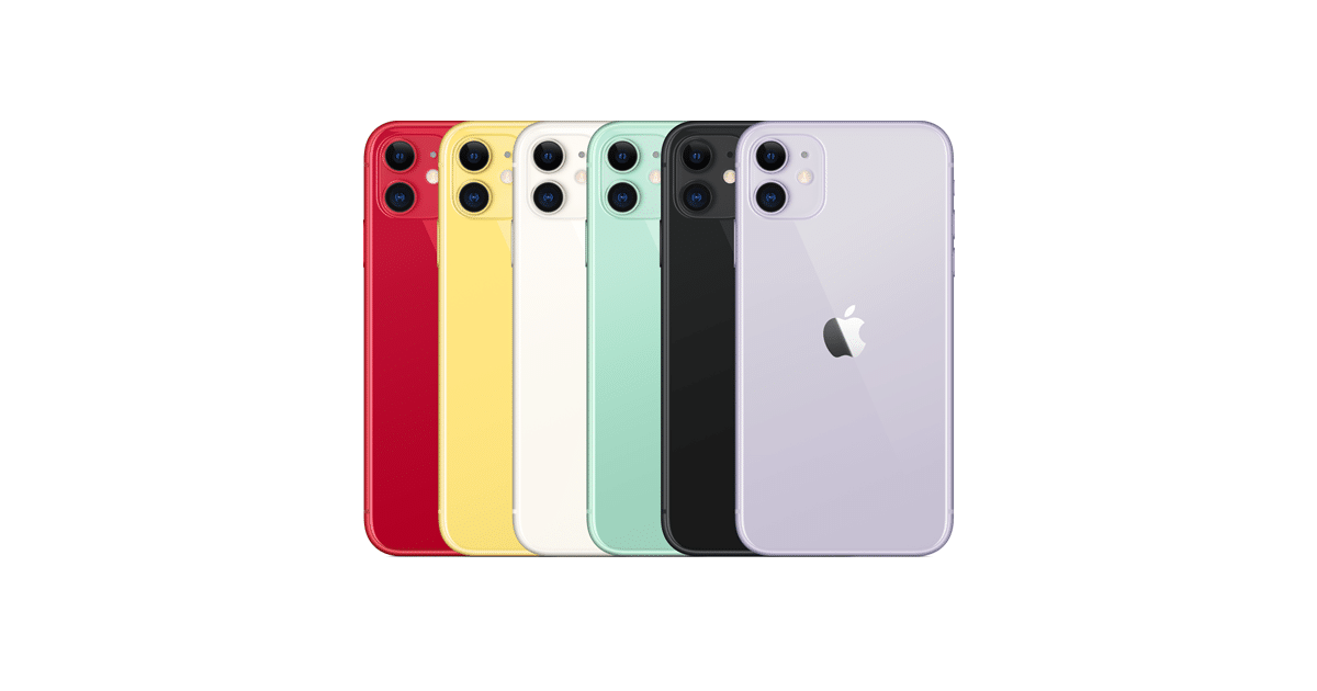 Apple iPhone 11 lineup in various colors, showcasing its design and dual-camera setup.