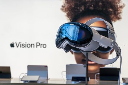 Apple Vision Pro headset on display in a store.