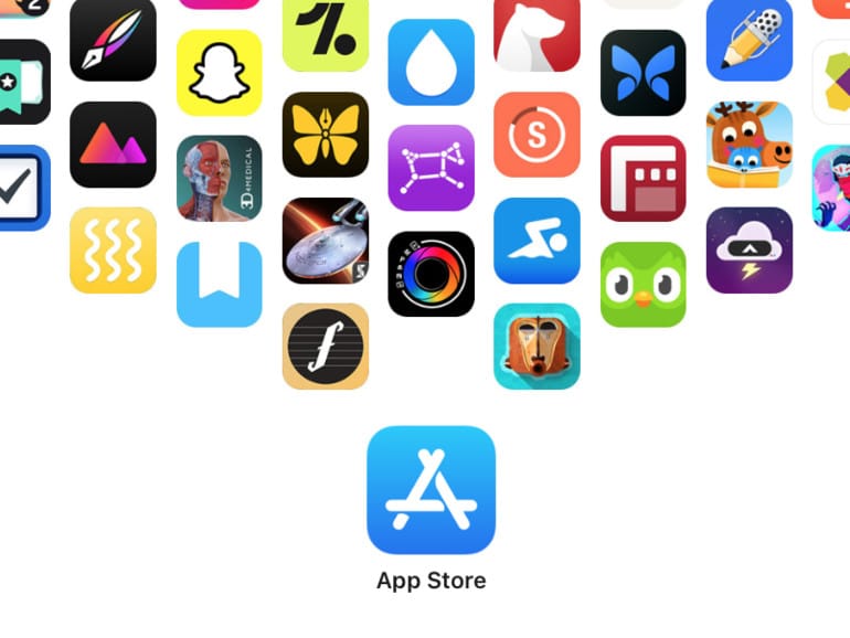 App Store logo surrounded by various app icons.