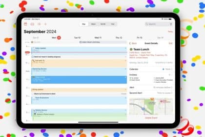 Apple iPad displaying a calendar event with confetti-themed background.