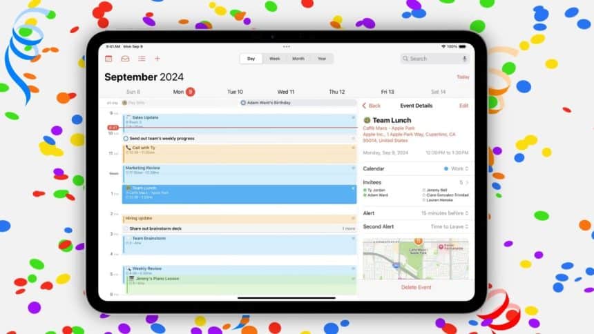 Apple iPad displaying a calendar event with confetti-themed background.