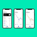 Crypto wallet app displaying portfolio and price charts on iPhones.