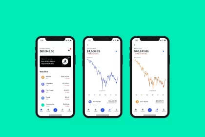 Crypto wallet app displaying portfolio and price charts on iPhones.