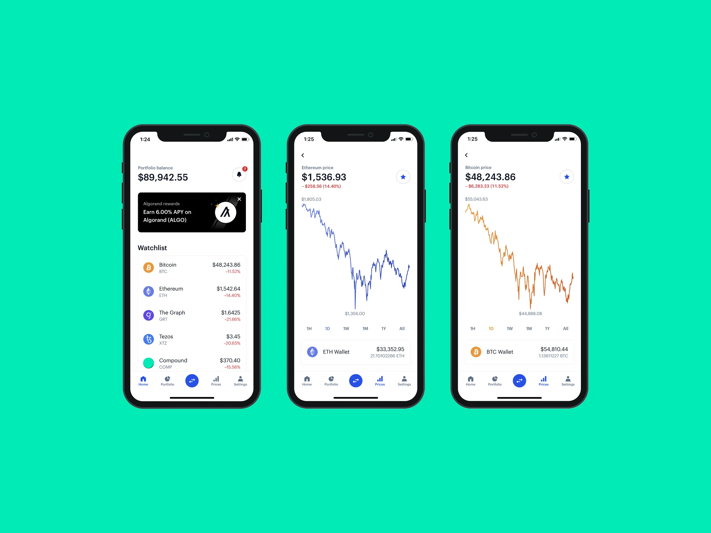 Crypto wallet app displaying portfolio and price charts on iPhones.