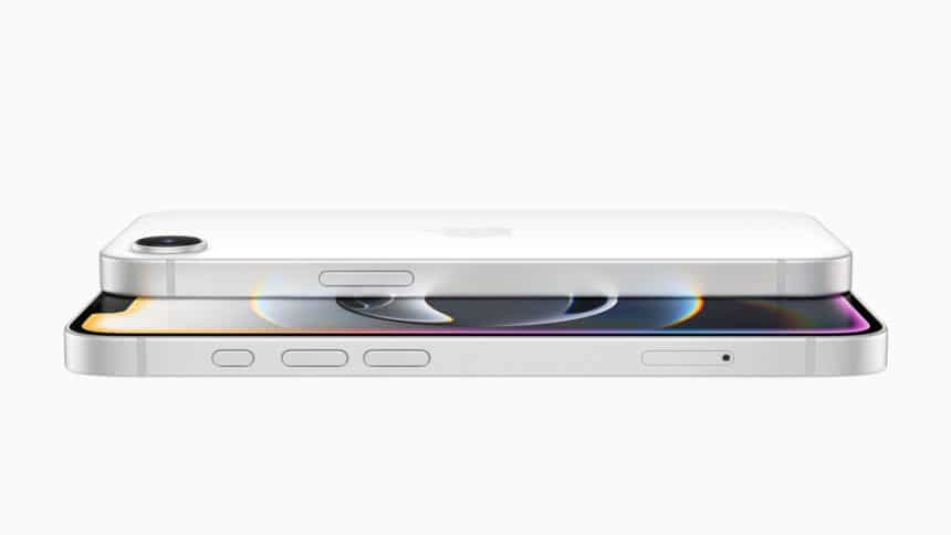 Side view of the iPhone 16e in white colour.