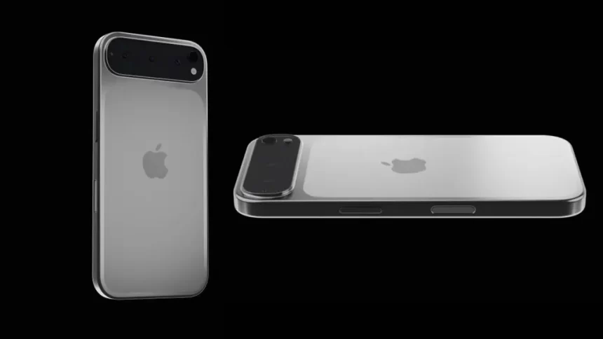 A concept render of the iPhone 17 Pro featuring a wide horizontal camera bump.