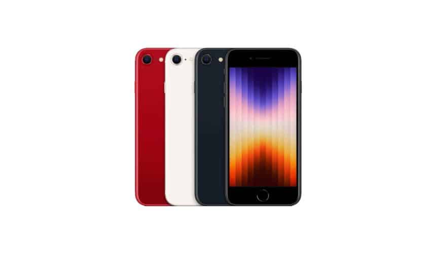 iPhone SE in red, white, and black colours, showcasing its front and back design.