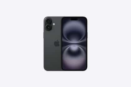 iPhone 16 in black, showcasing front and back design.