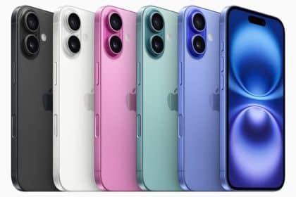 A lineup of iPhone 16 models in various colours, showcasing their sleek design and dual-camera setup.