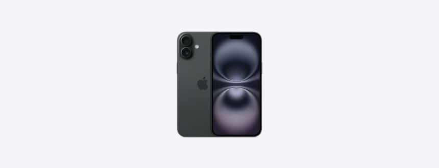 iPhone 16 in black, showcasing front and back design.