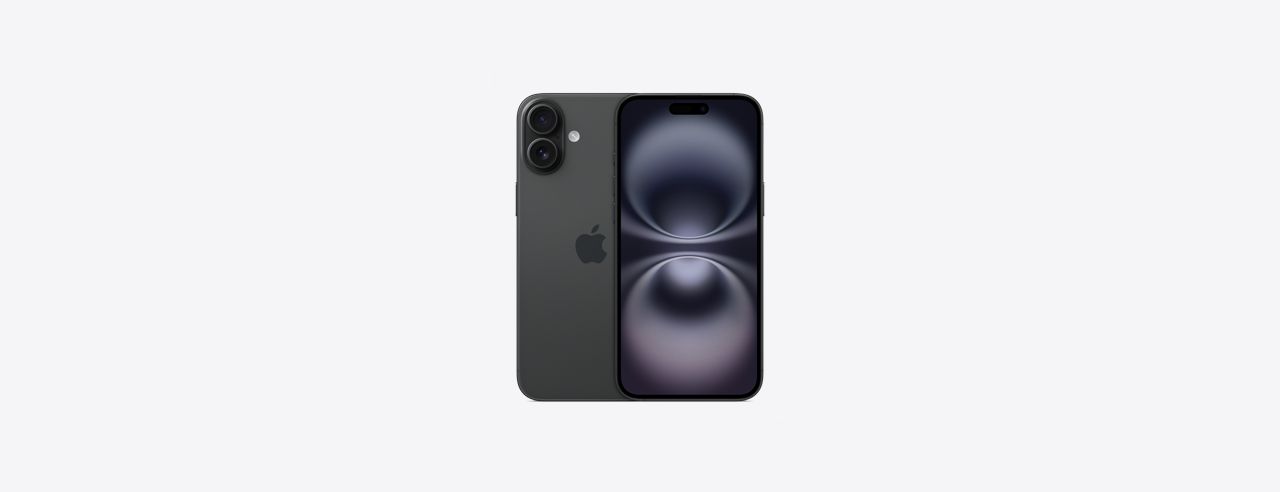 iPhone 16 in black, showcasing front and back design.