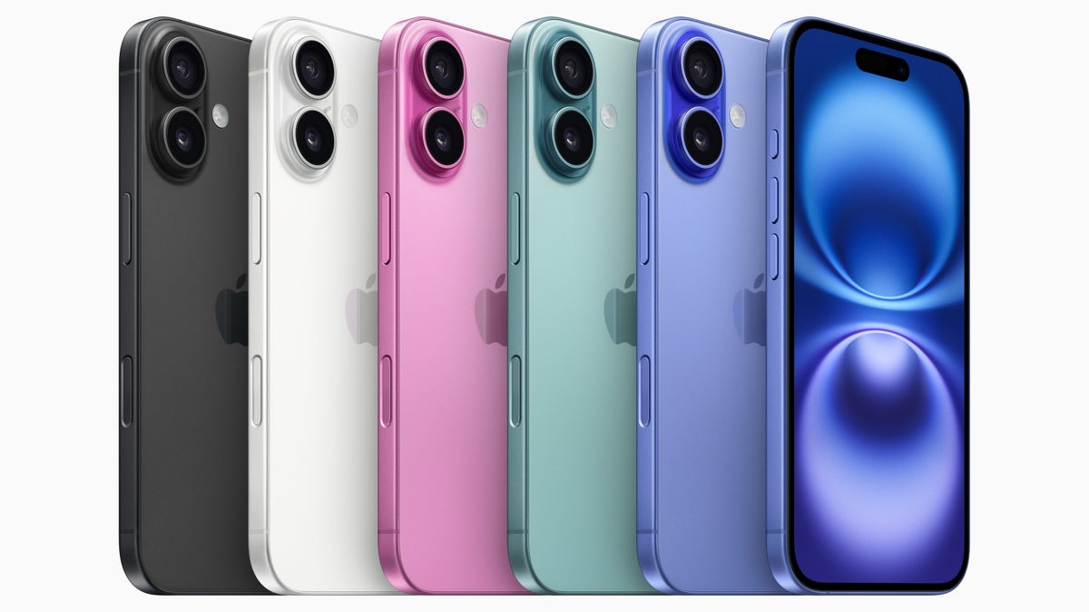 A lineup of iPhone 16 models in various colours, showcasing their sleek design and dual-camera setup.