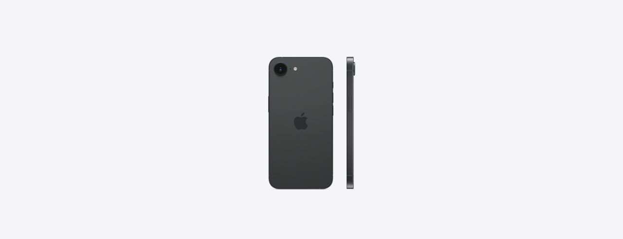 Rear and side view of the iPhone 16e in black.