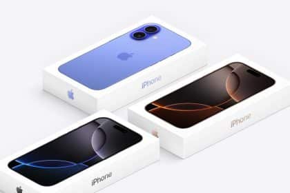 Three iPhone models in their boxes, featuring different colours and designs.