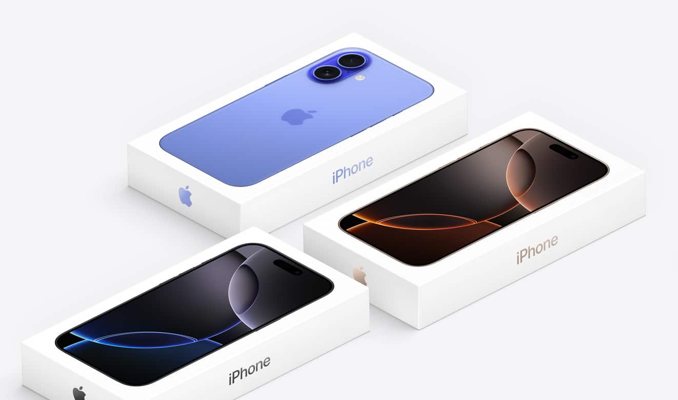 Three iPhone models in their boxes, featuring different colours and designs.