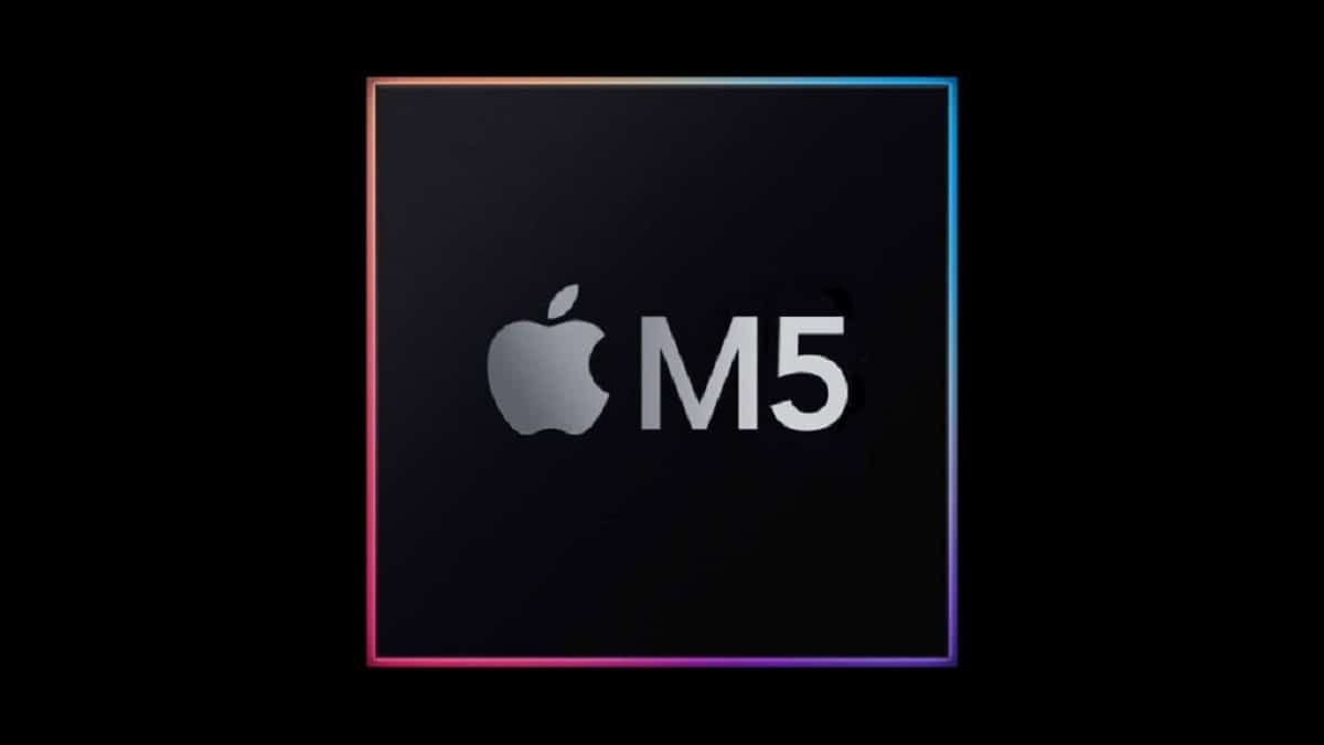 Apple M5 chip logo on a black background.