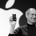 Steve Jobs holding the first iPhone during its 2007 launch event.