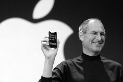 Steve Jobs holding the first iPhone during its 2007 launch event.