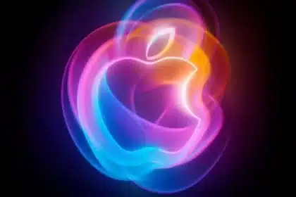 Glowing Apple logo with a futuristic AI-inspired design.