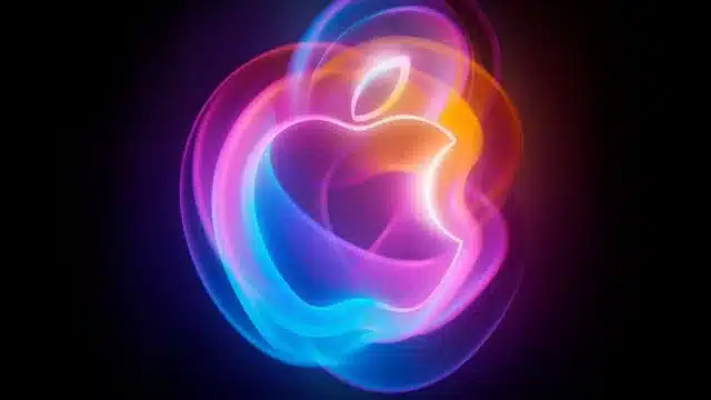 Glowing Apple logo with a futuristic AI-inspired design.