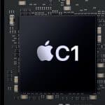 Close-up of Apple's C1 modem chip on a circuit board.