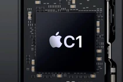 Close-up of Apple's C1 modem chip on a circuit board.