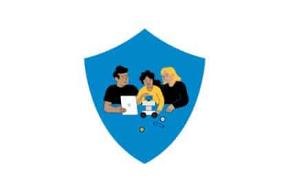 Illustration of a family engaging in a learning activity inside a blue shield symbol.