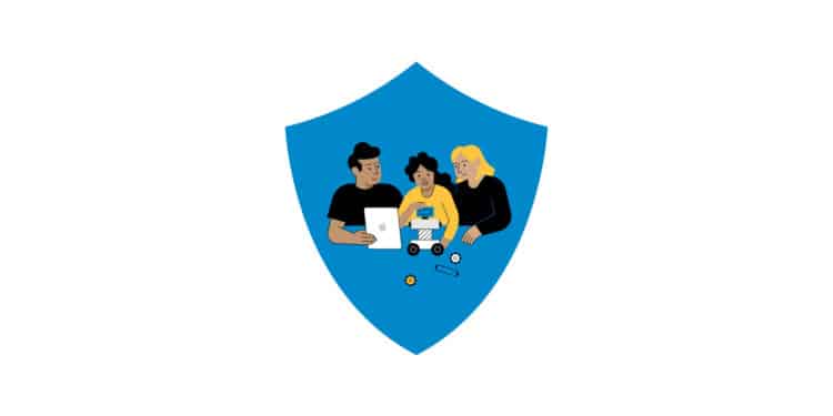 Illustration of a family engaging in a learning activity inside a blue shield symbol.