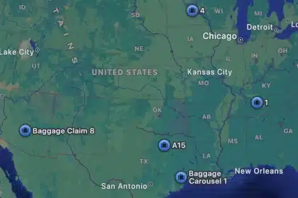 Apple Maps showing random baggage claim icons across the United States.