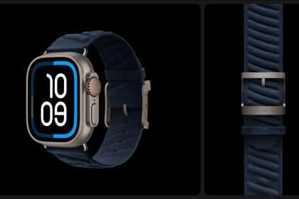 Apple Watch Ultra with a navy blue Hermes band and titanium buckle.