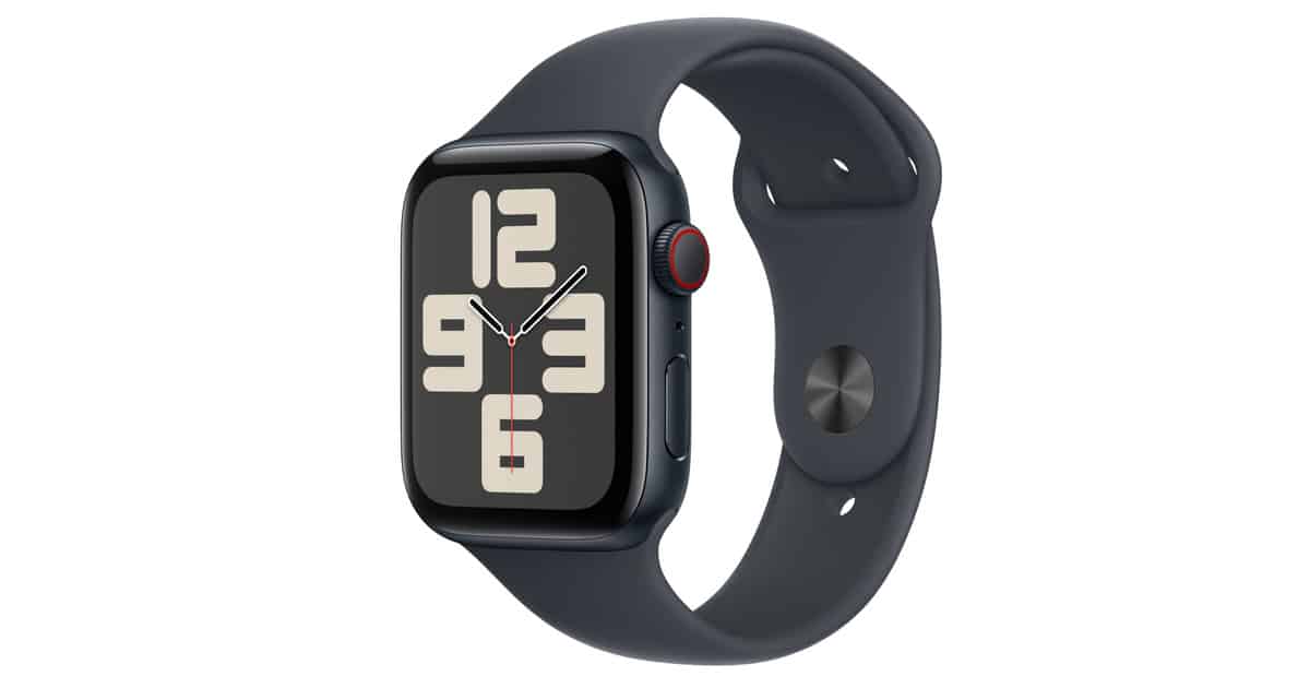 Apple Watch SE with a black band and large numeral watch face.