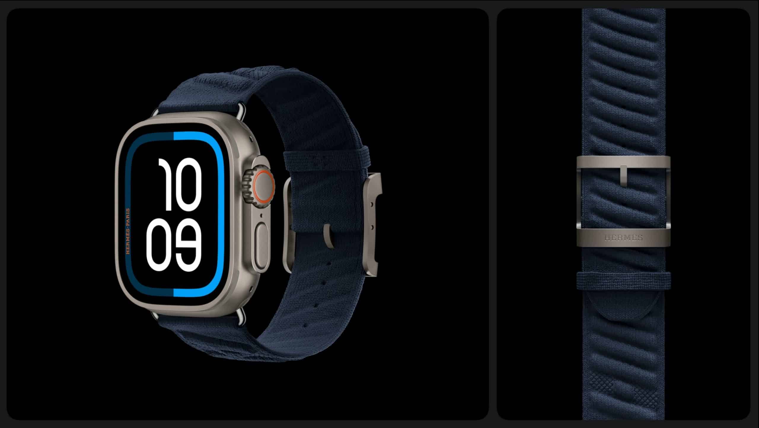 Apple Watch Ultra with a navy blue Hermes band and titanium buckle.