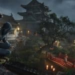 A hooded Shinobi assassin crouches on a rooftop at night, overlooking a Japanese castle.