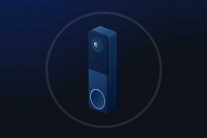 Illustration of the Philips Hue Secure video doorbell on a dark background.