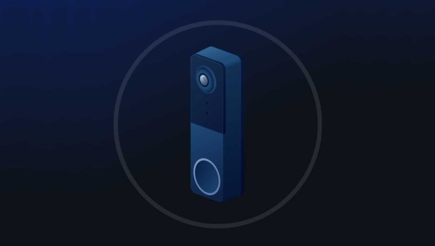 Illustration of the Philips Hue Secure video doorbell on a dark background.