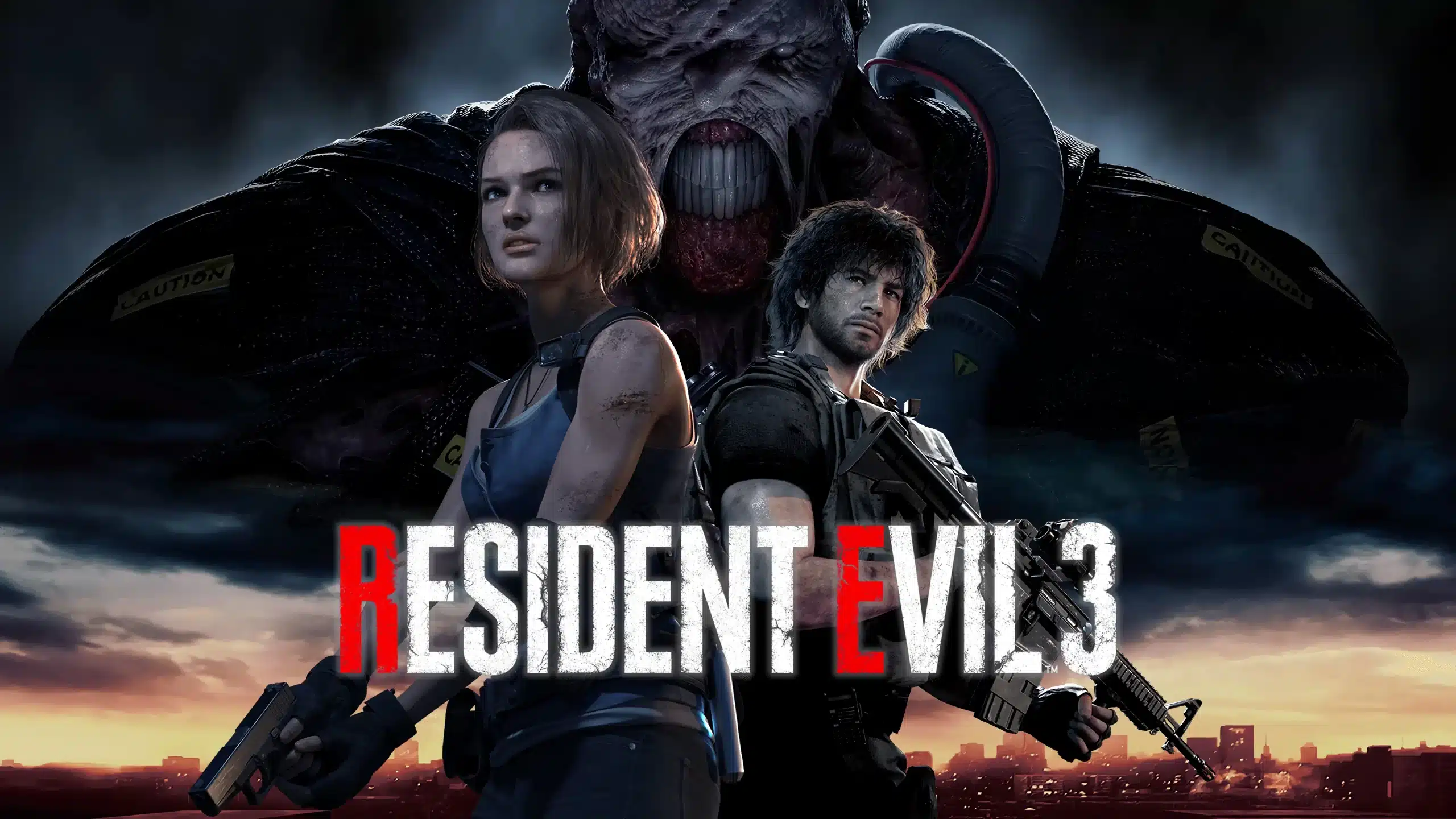 Resident Evil 3 game cover featuring Jill Valentine, Carlos Oliveira, and Nemesis.