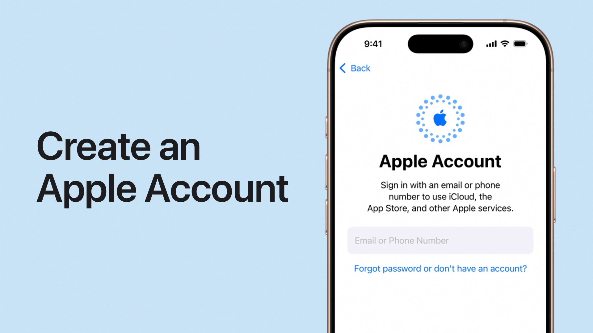 Apple Account sign-in screen on an iPhone with a prompt to create an account.