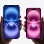 Two hands holding iPhone models in blue and pink with glowing wallpaper.